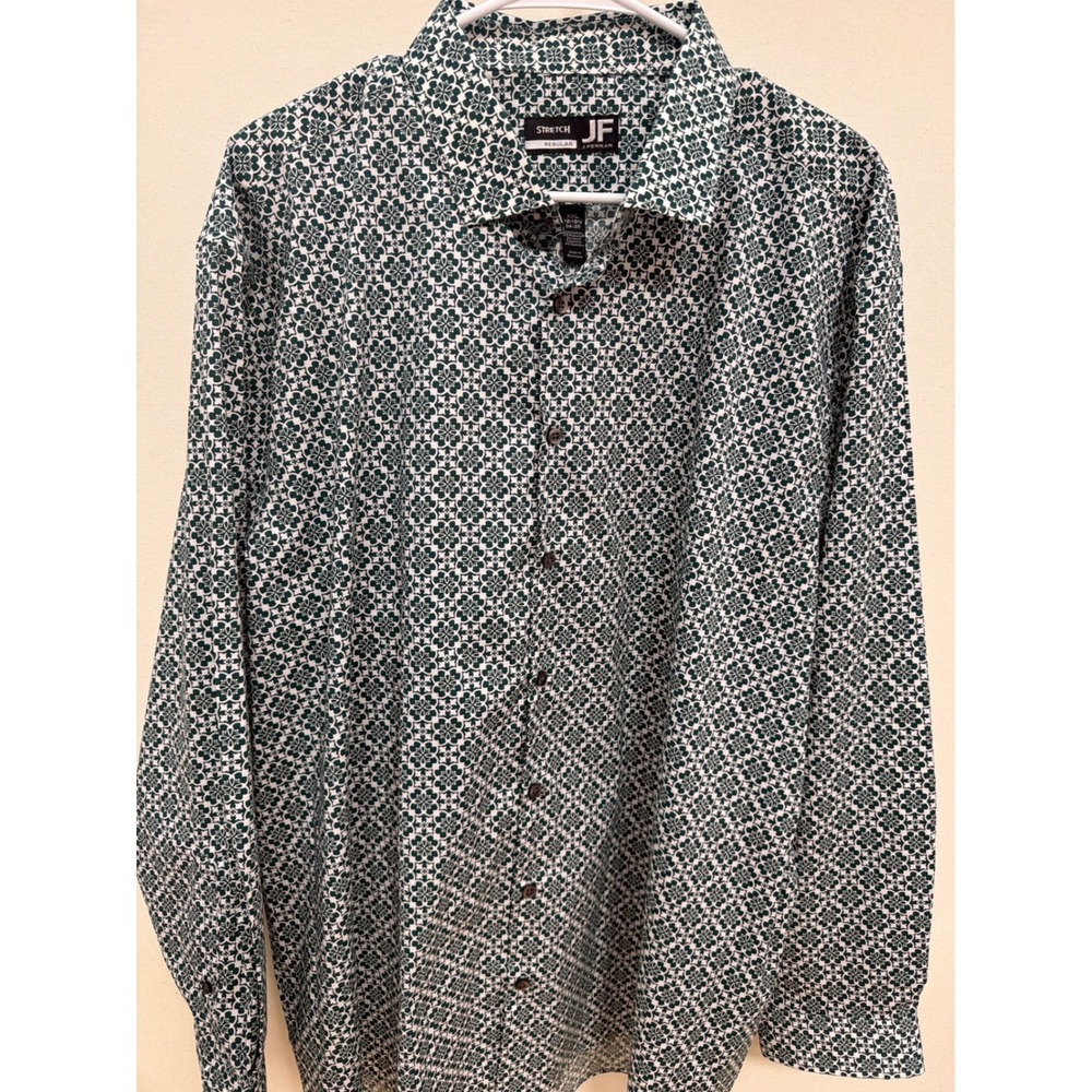 J. Ferrar Mens XXL Green White Geometric Floral Stretch Long Sleeve Button Down